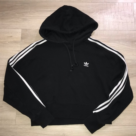 Adidas Black Striped Cropped Terry Hoodie - Picture 2 of 5